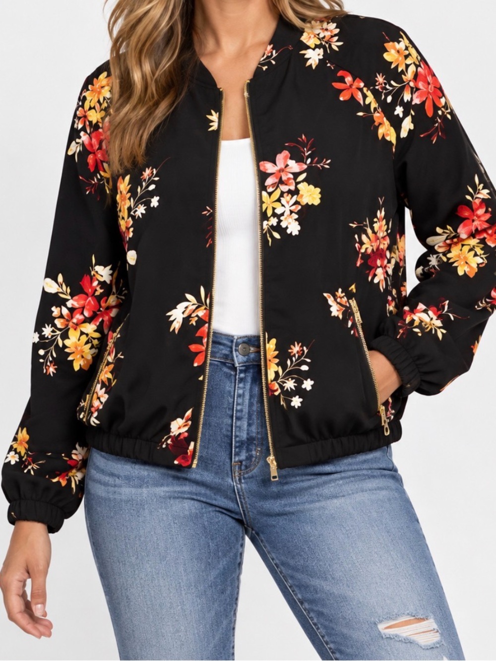 Ava & Viv Black Floral Bomber Jacket with Gold Zipper